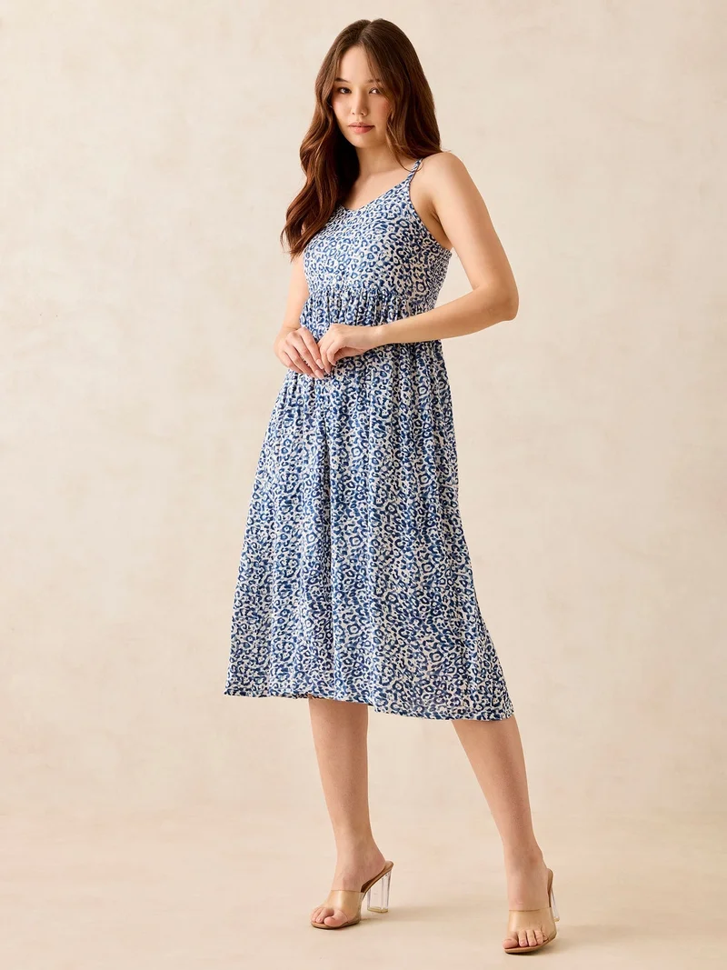 Blue Floral Print Strappy Midi Dress